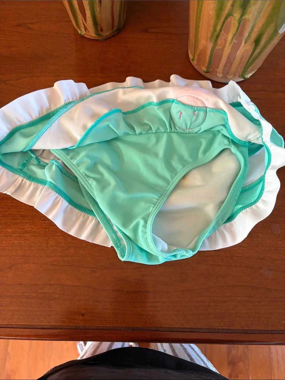 Flapdoodles Mint & White Ruffle Bathing suit bottoms with Pink Flower